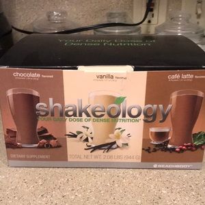 Shakeology! 5 chocolate, 6 vanilla, 5 cafe latte!